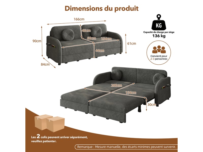  Canapé convertible 2 places gris en chenille avec couchage 154 x 200 cm Fay Lum - Conforama C