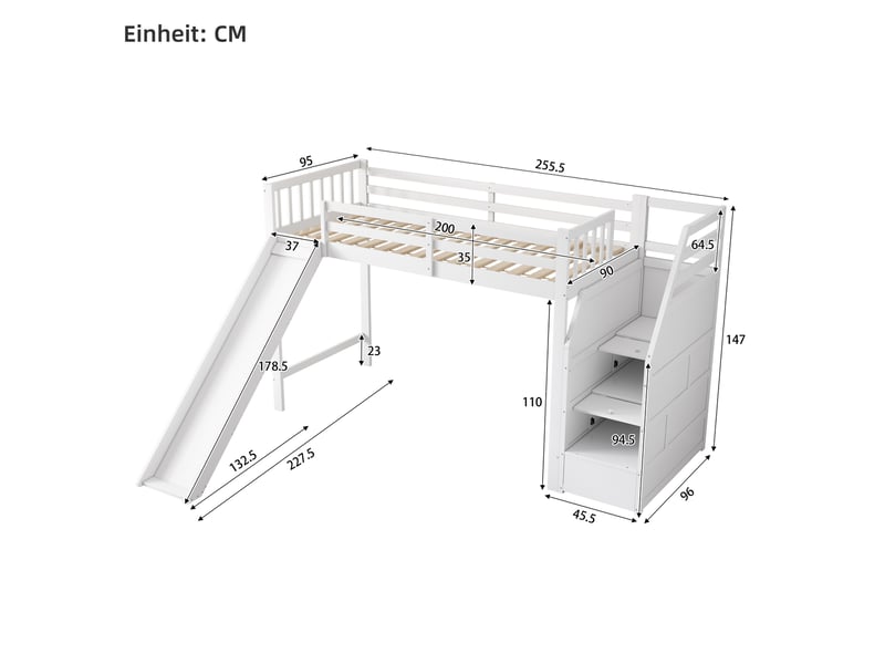  Lit mezzanine enfant 90 x 200 cm avec toboggan, escalier de rangement, pin massif et mdf, blanc, sans matelas  - Conforama C