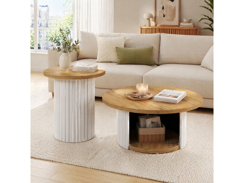  Lot de 2 tables de salon rondes en mdf, naturel  - Conforama B
