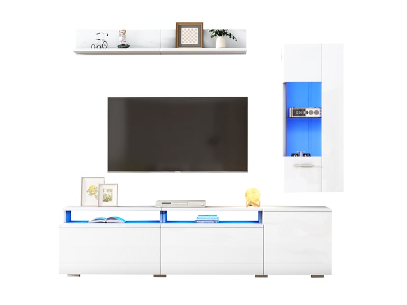  Ensemble meuble tv mural led 3 pièces 180 cm avec vitrine et étagère, design modulaire mdf blanc brillant  - Conforama A