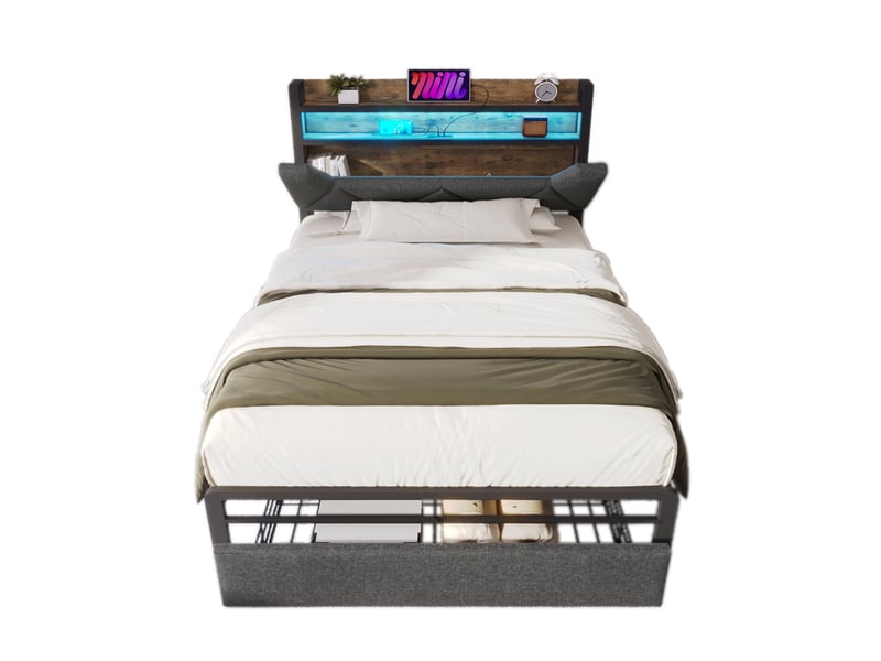 Lit coffre 90x200 avec tête de lit rangement, led télécommande, usb type-c, tiroirs roulettes et sommier métal gris lin - Conforama A