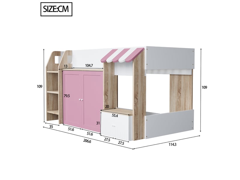 Lit mezzanine enfant 90x200 cm avec échelle, rangements et étagères blanc et rose - Conforama C