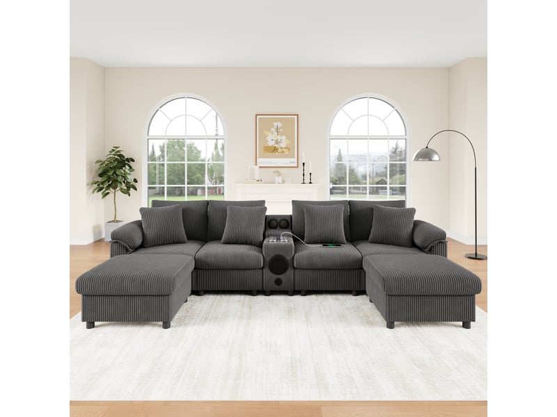Canapé modulable,315,5x144x84,5 cm,6 places avec rangement,velours côtelé,gris - Conforama B