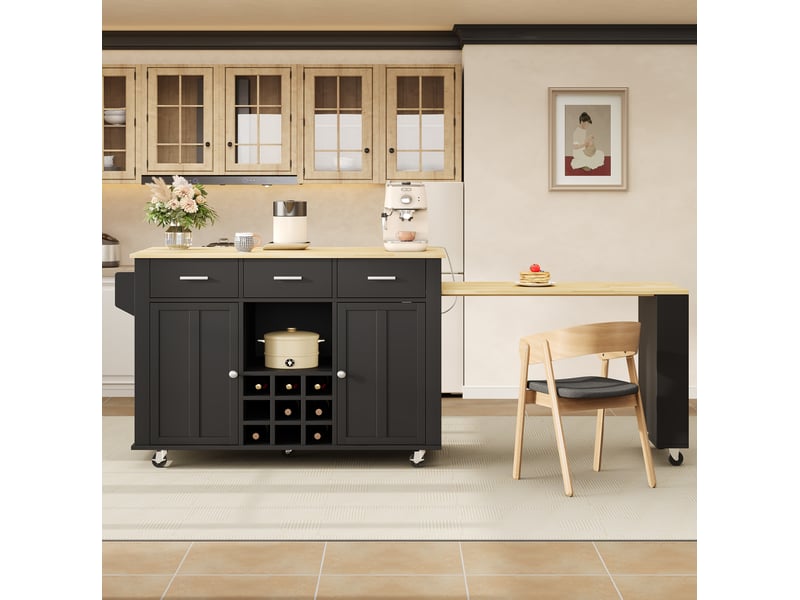 Desserte de cuisine extensible avec 3 tiroirs, range-bouteilles et prises usb, sur 7 roulettes, noir et naturel - Conforama D