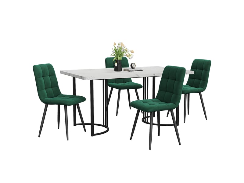  Ensemble table et 4 chaises 140 x 80 cm, plateau blanc effet marbre et velours vert foncé moderne pour repas  - Conforama A