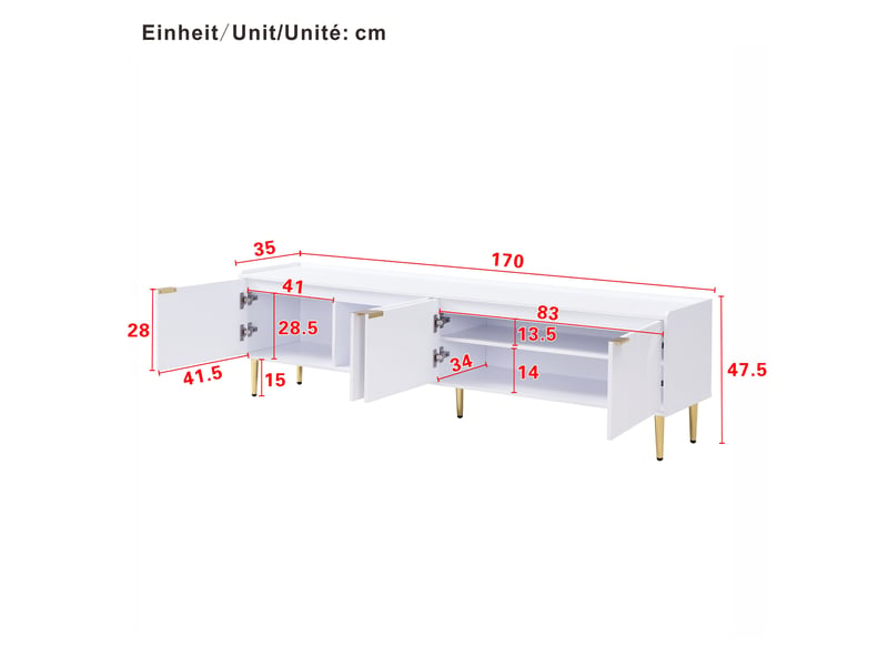  Meuble tv 170x35x47,5 cm – portes texturées – pieds et poignées dorés – meuble bas élégant  - Conforama C