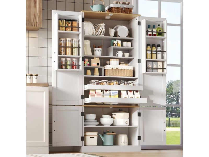  Armoire de cuisine blanche 180 cm, meuble de rangement avec capteur de mouvement, étagères réglables et tiroirs, mdf  - Conforama D