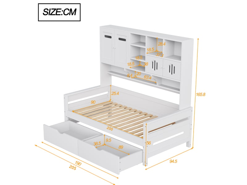  Lit multifonction, 90x200 cm, doté de solutions de rangement, grands tiroirs, matelas non inclus, bois, coloris blanc  - Conforama C
