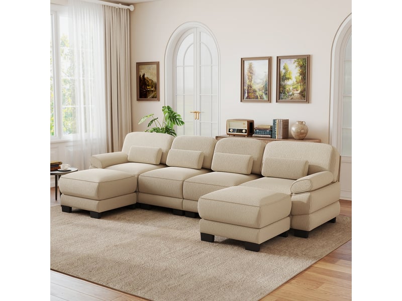  Canapé modulaire,336x161x94 cm,4 places avec 2 poufs,velours côtelé,beige  - Conforama B