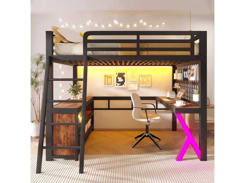 Lit mezzanine 140x200 cm avec bureau, led violette, armoire de rangement, métal et mdf, noir OMNIGLINT TRADING LTD - Conforama D