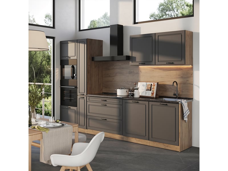  Vicco cuisine, anthracite campagnechêne doré, 310cm plan de travail chêne doré  - Conforama C