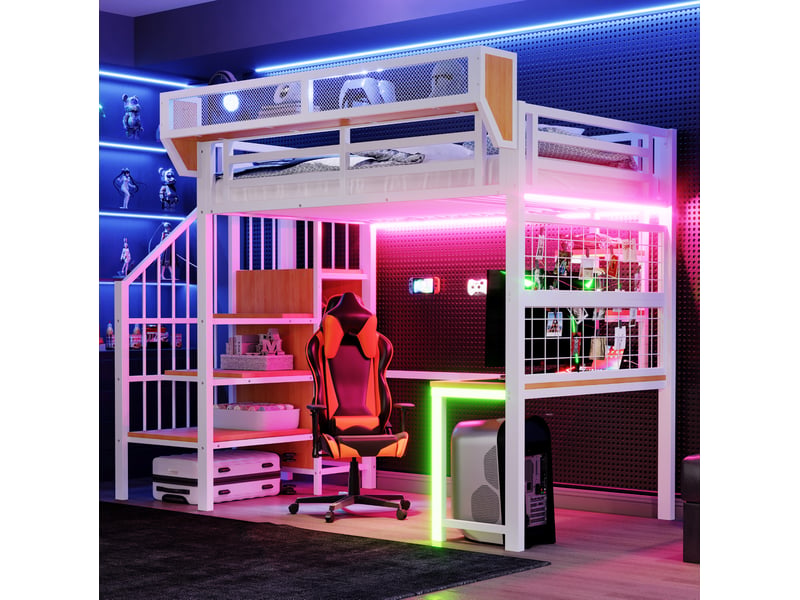  Lit mezzanine métal 90x200 cm avec bureau et rangements blanc  - Conforama B