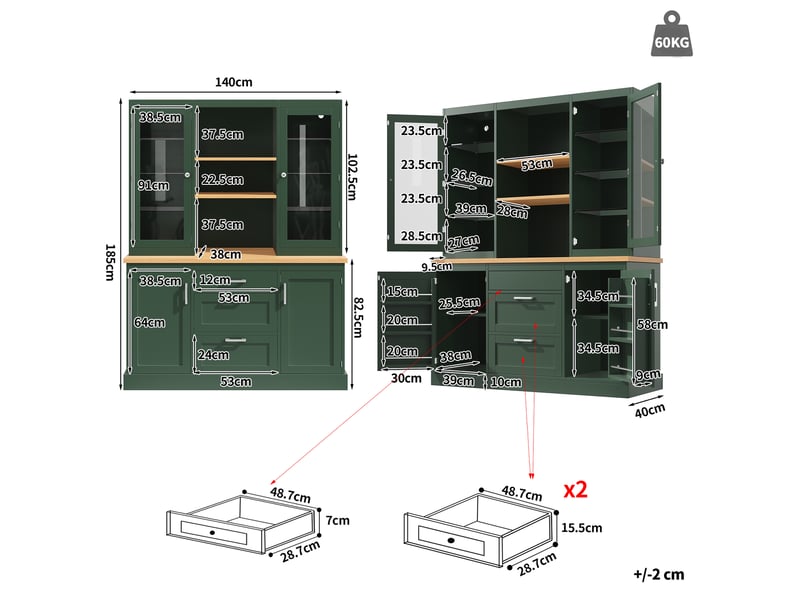 Meuble de cuisine avec éclairage led 185 x 140 x 40 cm , 3 tiroirs, plan de travail, étagères réglables,vert evarich - Conforama C