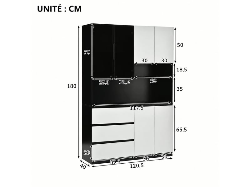  Meuble de cuisine muvano, buffet haut blanc et noir avec led, 6 portes et 3 tiroirs, largeur 120,5 cm  - Conforama W