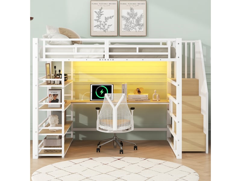 Lit mezzanine 140 × 200 cm 2 places avec bureau, led, usb et étagères, sans matelas, en métal et mdf, blanc  - Conforama C
