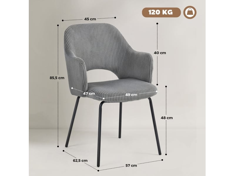  Chaise de salle à manger rembourrée avec accoudoirs, dossier incurvé et pieds en acier, velours côtelé gris  - Conforama C