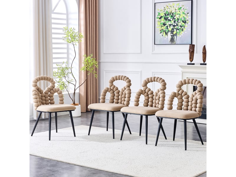  Lot de 2 chaises 48x50x86 cm dossier ouvert à chaîne de boules assise velours moelleuse, pieds métal, camel clair  - Conforama D