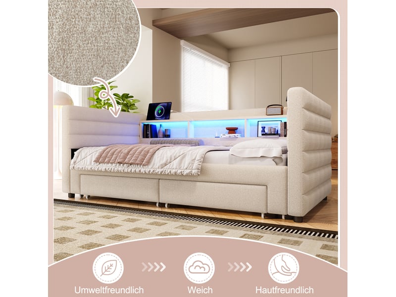  Lit gigogne 90x190 cm led usb type-c, mdf, velours beige sans matelas  - Conforama D