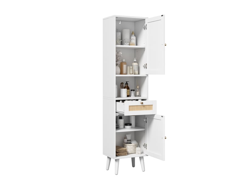  Colonne de salle de bain 40×30×166 cm, finition blanche en panneaux mdf, tiroir avec fermeture magnétique et portes réversibles en rotin  - Conforama A