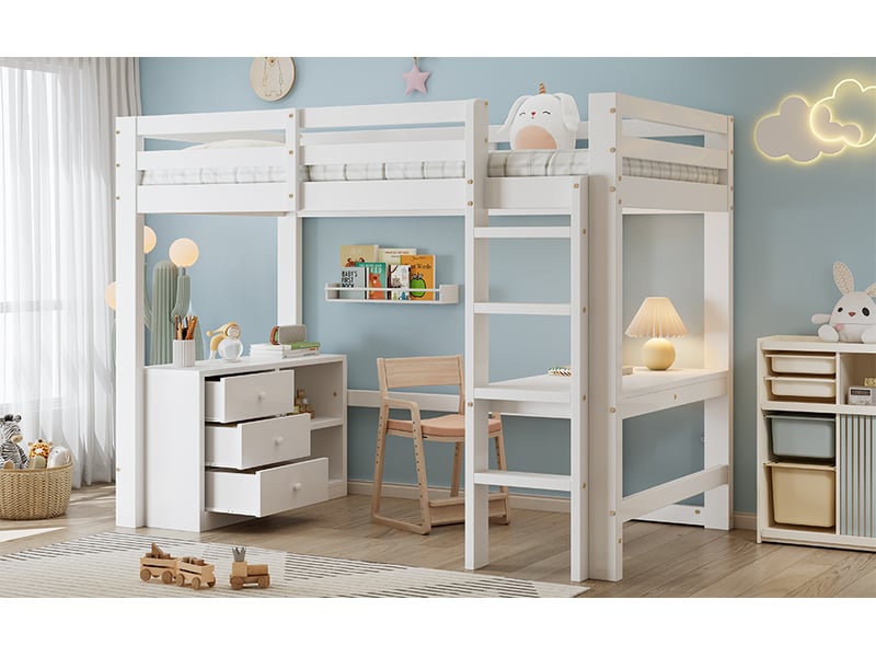  Lit superposé enfant avec bureau tiroirs et étagère 204x99x160 cm blanc bois massif et mdf couchage 90x200 cm Sol Morn - Conforama D