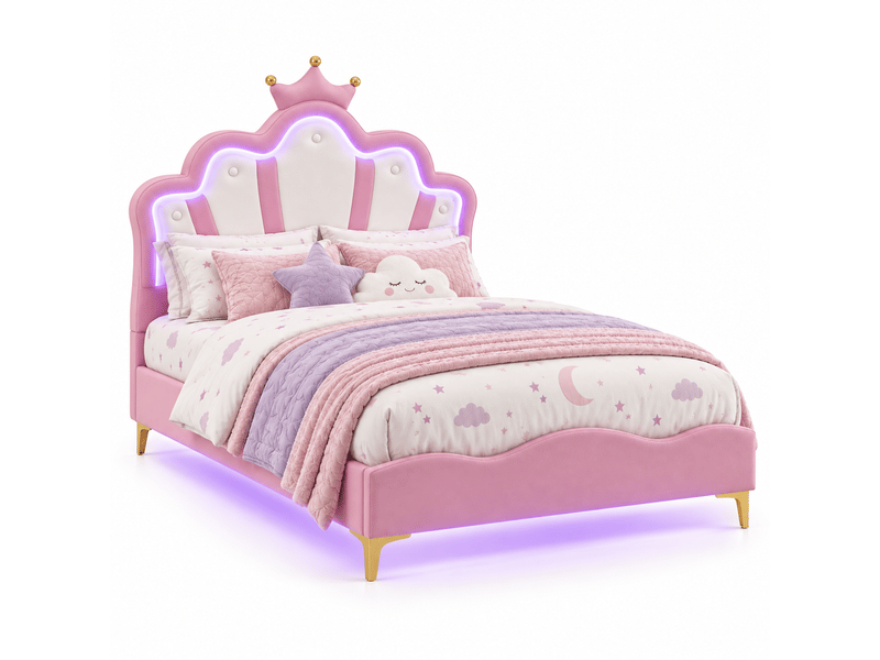 Lit enfant 140x190 avec sommier - éclairage led rgb - lit fille princesse avec tête de lit réglable - décor couronne -similicuir - lit enfant 140x190 avec led réglables -lit fille avec tête de lit en forme de couronne -lit une p… - Conforama A