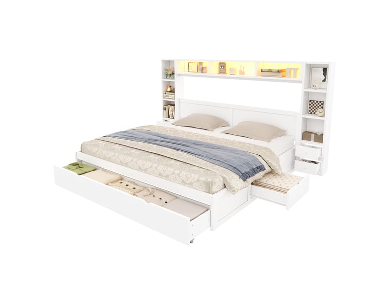 Cadre de lit plateforme 180x200 cm en mdf et contreplaqué avec rangement, 7 tiroirs et led blanc chicfurn - Conforama A