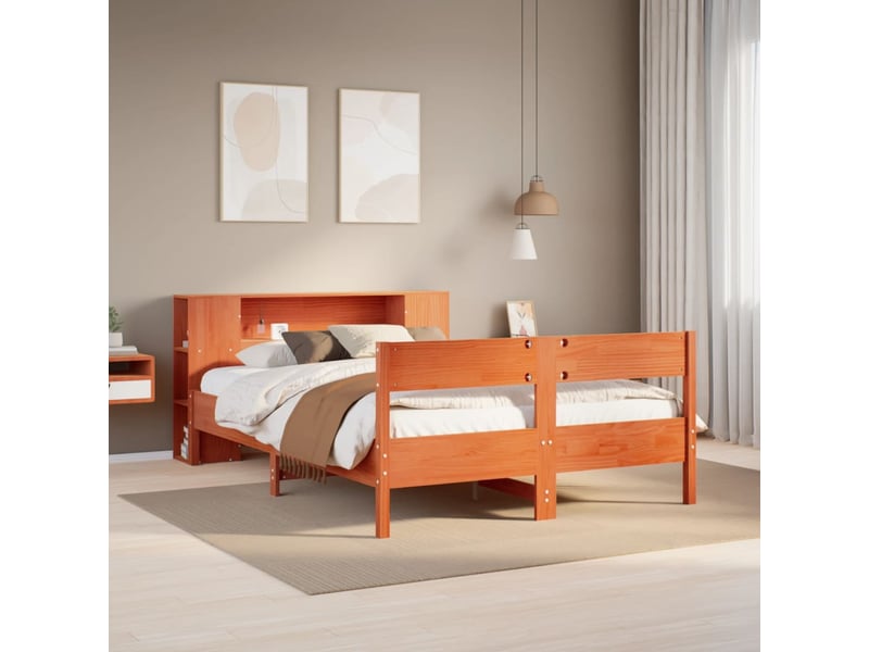  Lit adulte, lit double, lit bibliothèque sans matelas marron 140x200cm pin massif cf18004  - Conforama B