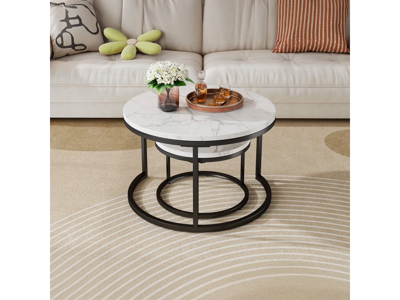  Tcqpz table basse gigogne ronde lot de 2 70x70 cm, structure métal, plateau effet marbre  - Conforama D