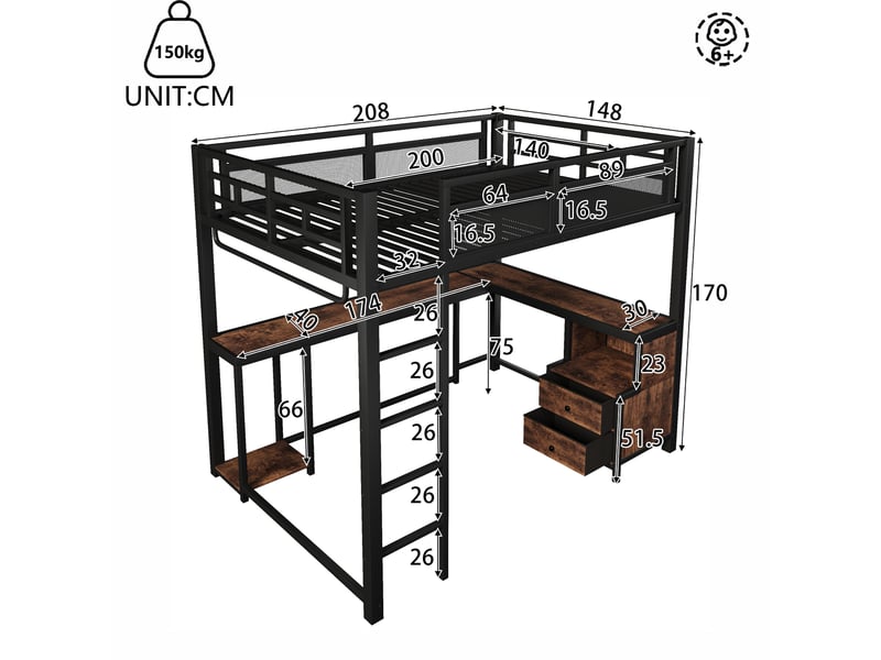  Lit mezzanine 140x200 cm avec bureau intégré, étagères et tringle à vêtements, led chaude, usb, garde-corps renforcés, métal noir industriel Radiant Stride - Conforama C