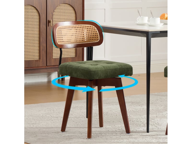  Lot de 2 chaises pivotantes à 360° avec dossier en rotin tressé et assise rembourrée en chenille verte  - Conforama D