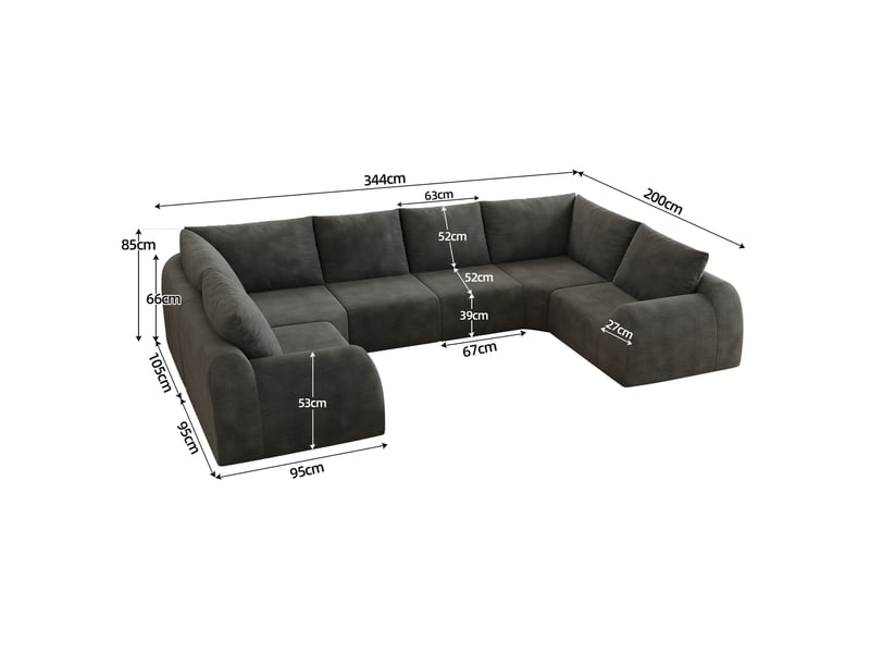  Canapé modulable en u 344x200x85 cm, 6 places, sans montage, gris foncé  - Conforama E