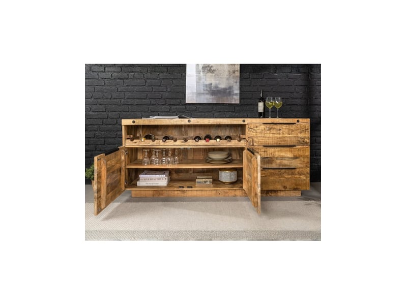  Buffet loden 175 cm en bois massif de manguier verni – 2 portes, 3 tiroirs et niche à bouteilles  - Conforama E