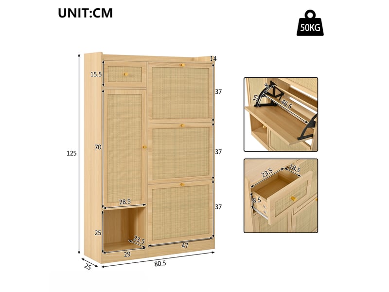  Meuble à chaussures - 80.5x25x125cm - meuble d'entrée 3 portes abattantes, 1 tiroir, cannage rotin - bois  - Conforama E