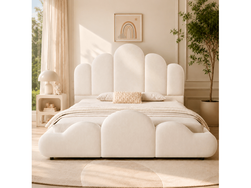 Lit enfant rembourré 140 × 200 cm 2 places avec tête de lit et coins arrondis, sans matelas, en velours, beige  - Conforama C