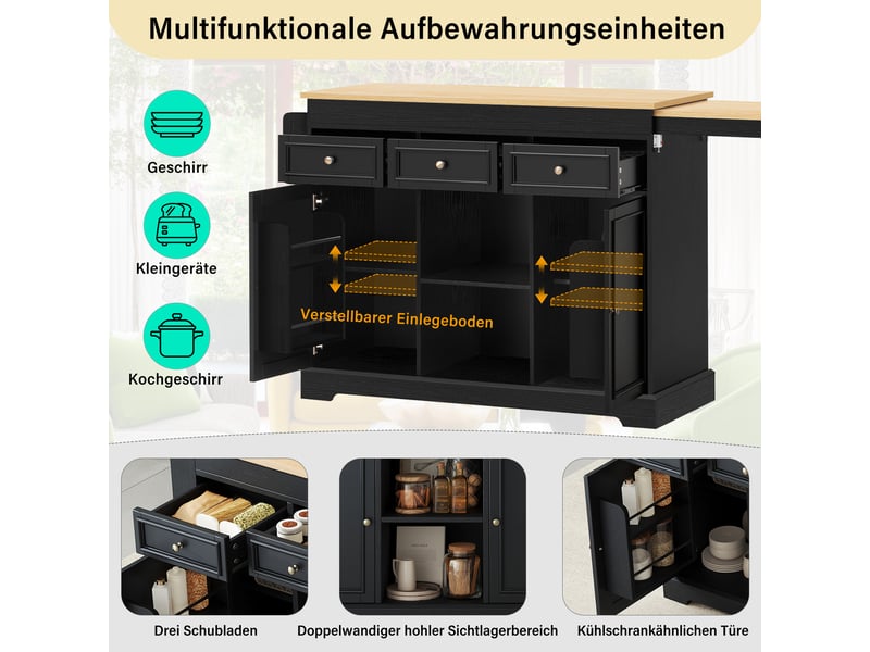  Îlot de cuisine sur roulettes avec plateau extensible noir et naturel KL000016AAB - Conforama E