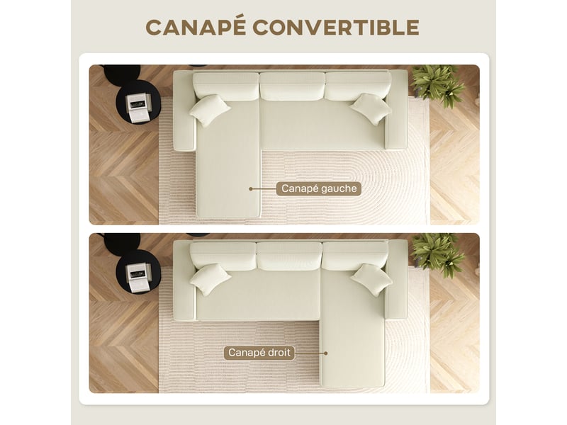  Canapé d'angle réversible 3 places moderne avec coussins inclus, crème, tissu velours côtelé  - Conforama D
