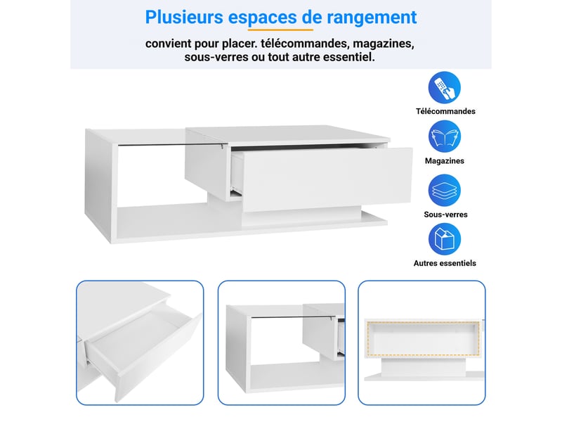  Table basse - high tech - verre trempé anti-rayures - led intégré - 100x50x32 cm  - Conforama W