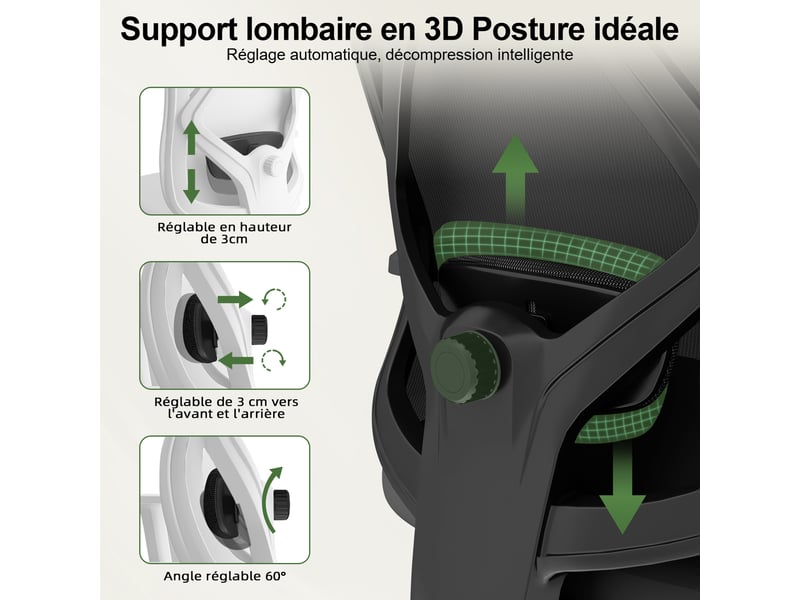  Fauteuil de bureau, fauteuil de bureau ergonomique, fauteuil de bureau avec soutien lombaire en mousse à mémoire de forme 3d  - Conforama R