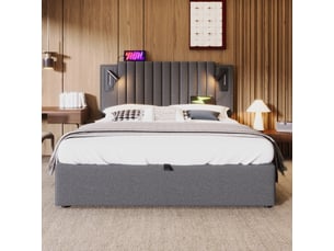 Lit adulte 140x200cm, lit coffre, lit double avec lampe de lecture, usb, sommier et matelas, rangement, coton gris