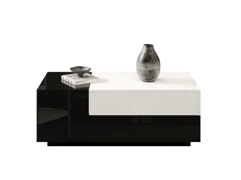  Table basse 100x50x38 cm avec 2 tiroirs en panneau de particules, blanc et noir  - Conforama A