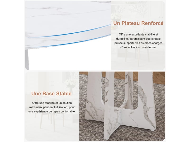  Ensemble table et 4 chaises de salle à manger pour 4 à 6 personnes avec plateau aspect marbre, en mdf blanc  - Conforama E