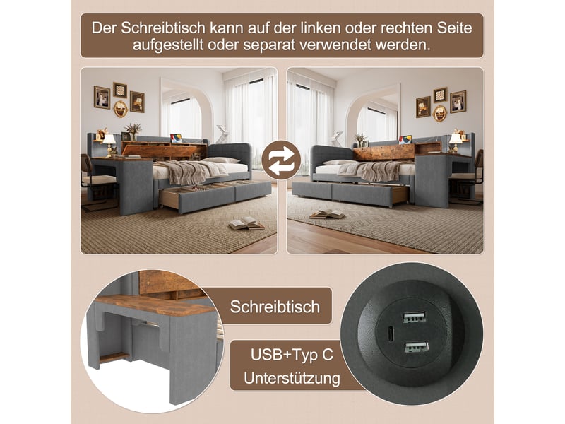  Lit banquette 90x200 en lin gris, lit canapé avec bureau modulable, 2 tiroirs et ports usb type c  - Conforama D