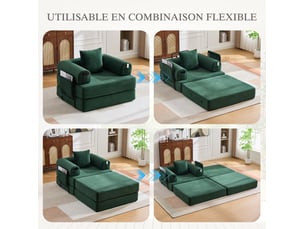 Canapé modulable 1 place 112x190x67 cm en tissu côtelé, poche latérale, coussin, métal, vert émeraude