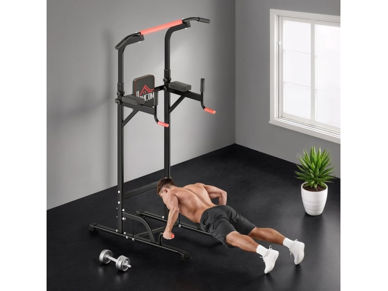  Tour de musculation réglable 123 x 98 x 239 cm – rouge et noir – tractions, dips et pompes à domicile  - Conforama B