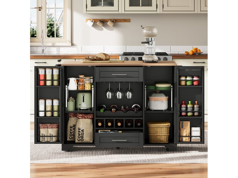  Îlot de cuisine 138x45(70)x92 cm à plateau extensible, rangement bouteilles, pour la cuisine, en mdf, noir et naturel  - Conforama E