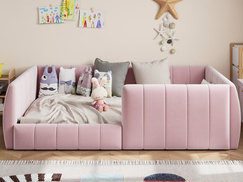  Lit plateforme rembourré 90 x 200 avec barrières de sécurité, rose  - Conforama B