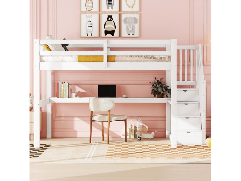  Lit mezzanine enfant 140x200 cm avec bureau, rangements et escalier, blanc  - Conforama B