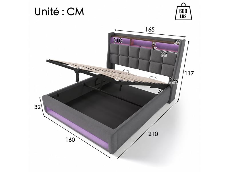 Lit coffre 160x200 avec led, 2 ports usb, sommier relevable, gris - Conforama C