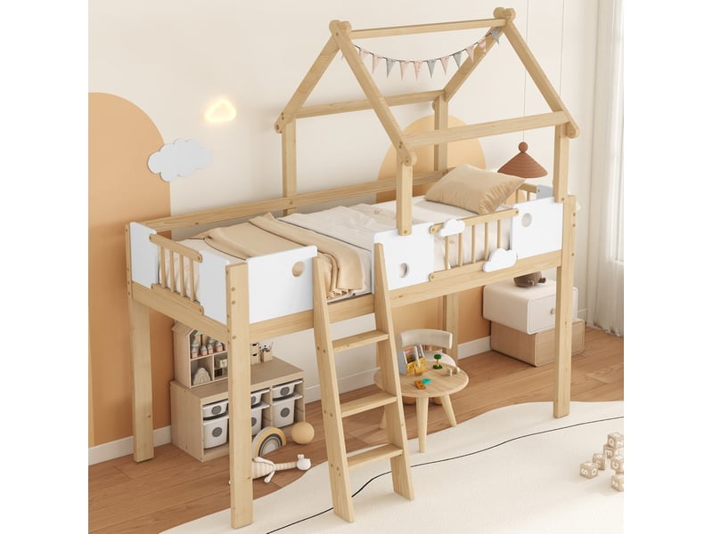  Lit mezzanine 90x200 cm avec garde-corps et échelle à 3 marches en bois et mdf, coloris blanc et naturel  - Conforama D