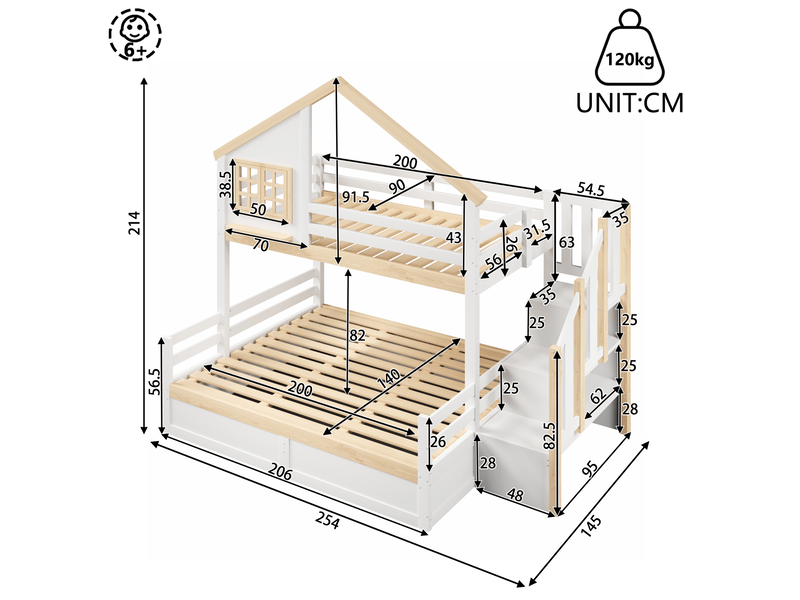  Lit superposé enfant 90x200 et 140x200 cm avec rangements blanc et naturel  - Conforama C